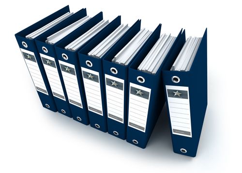 3D rendering of a row of blue ring binders against a white background